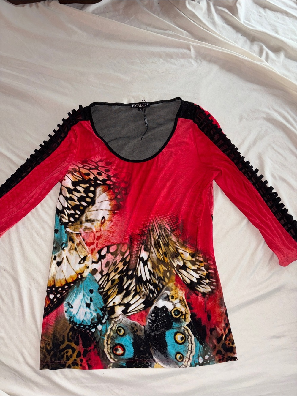 Picadilly Fashion Red Butterfly Print Mesh Sleeve Top